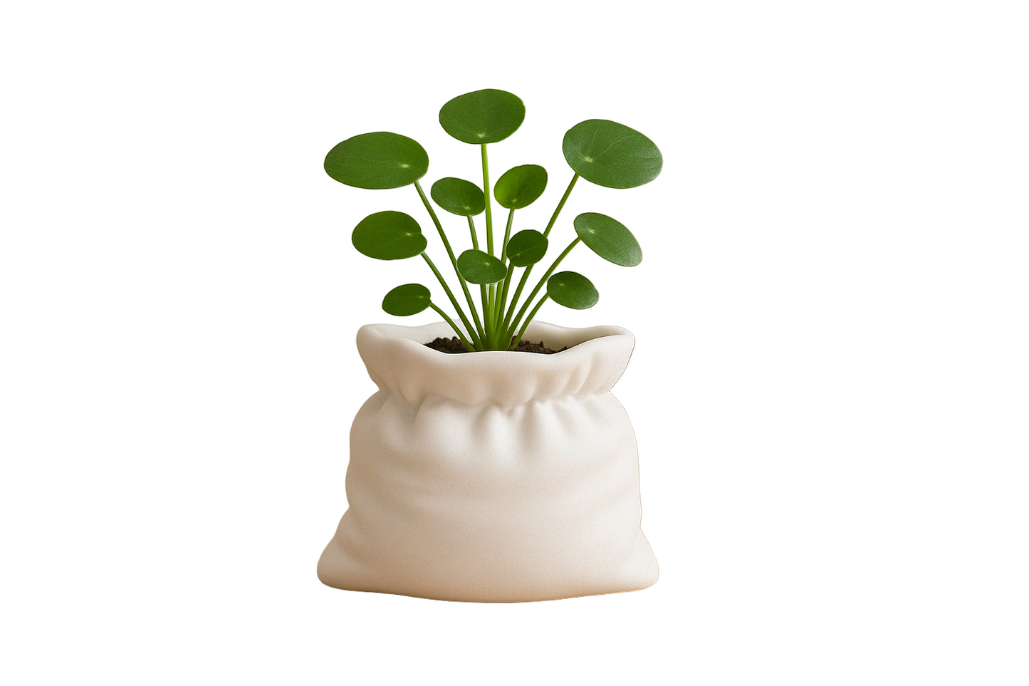 Top view white soft pouch vase planter with small green plant inside minimalist home decor