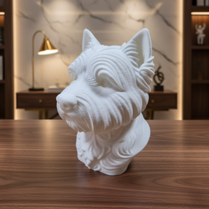 White dog head sculpture on a wooden surface with a dark gray background