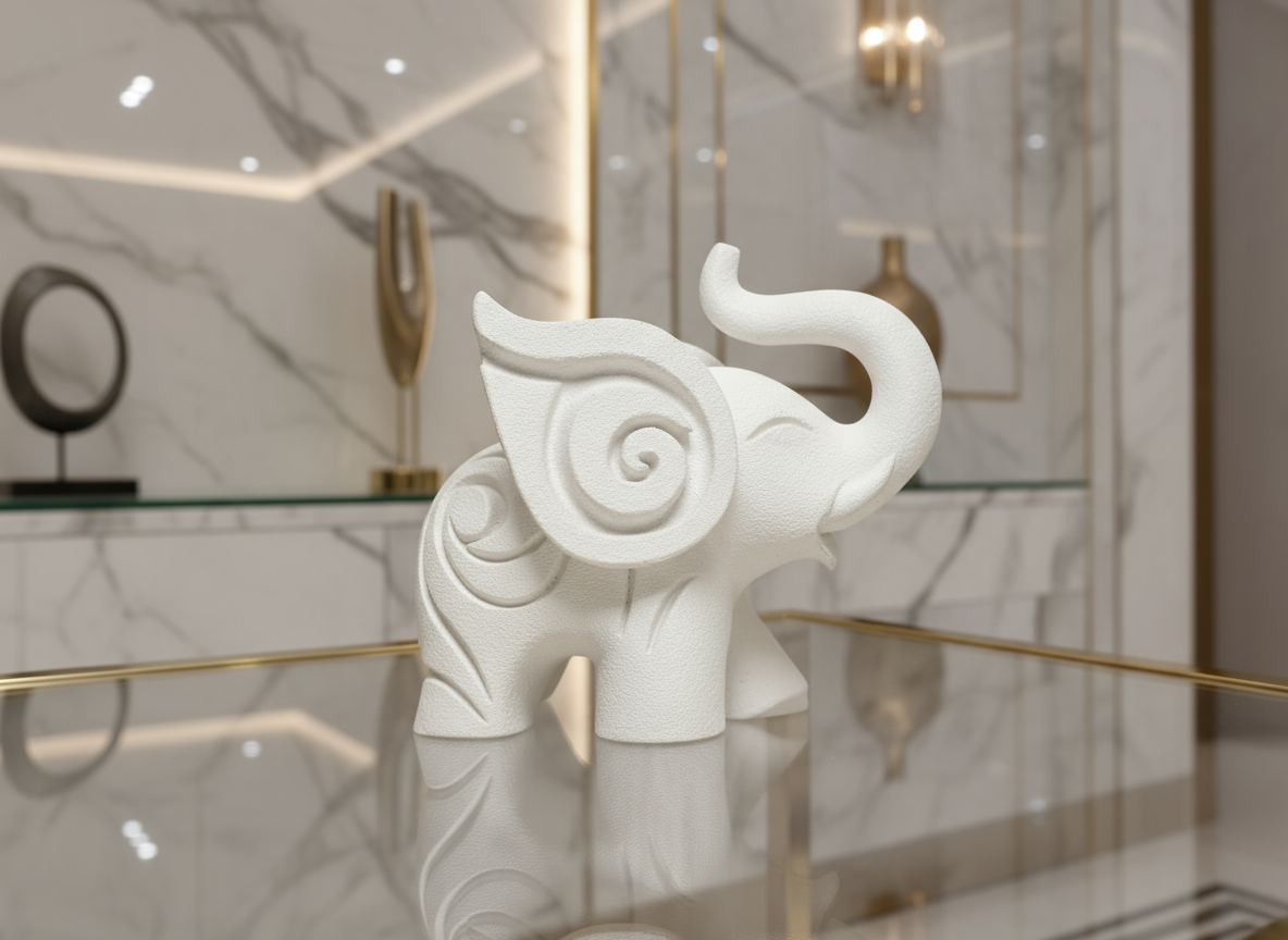 White decorative elephant sculpture on a reflective surface with a marble background