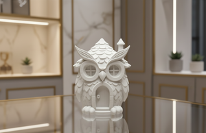 White owl-shaped decorative object with a door on a reflective surface, blurred background