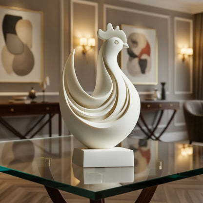 White sculpture of a rooster on a dark background