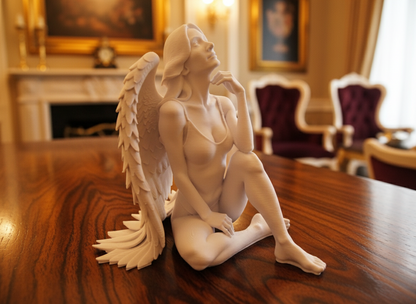 White sitting angel figurine with 'Kawa's Designs' branding on a reflective surface.