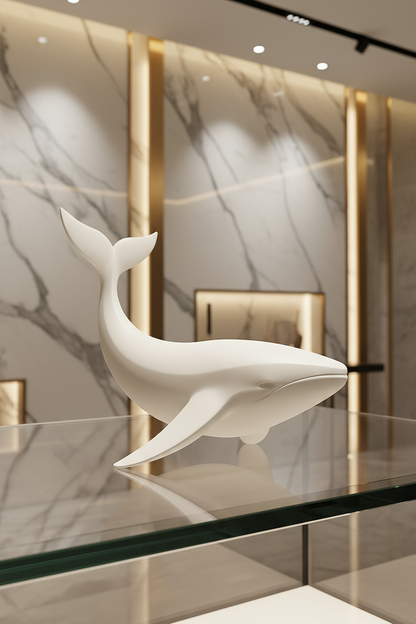 White whale sculpture on a reflective surface with marble wall in the background
