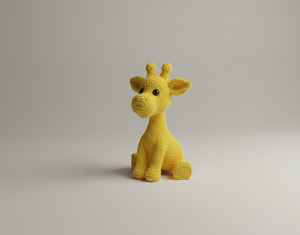 Yellow crochet giraffe toy on a light gray background