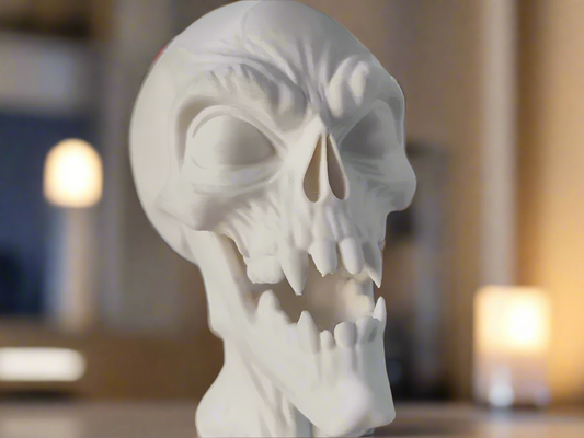 Alien Skull Bust - White Futuristic Sci-Fi Sculpture with Artistic Details