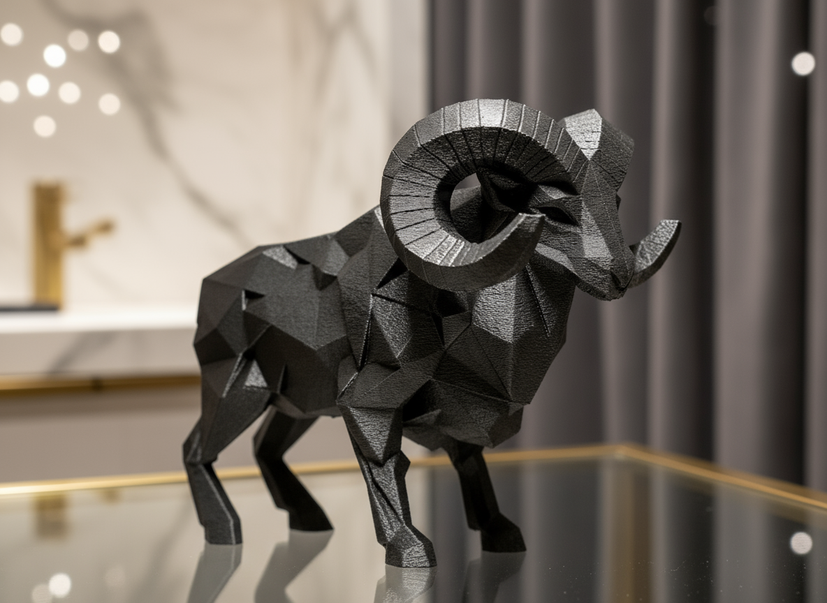 Black geometric ram sculpture on a reflective surface with a blurred background