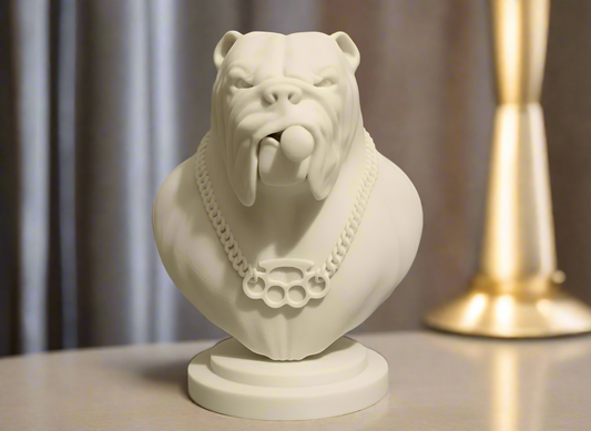 The Boss Bulldog Statue in white PLA resin wearing a pearl necklace, sitting on a marble base - professional office decor