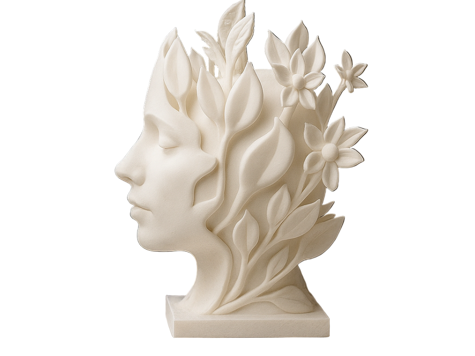 Botanical beauty bust face sculpture with floral foliage on white background