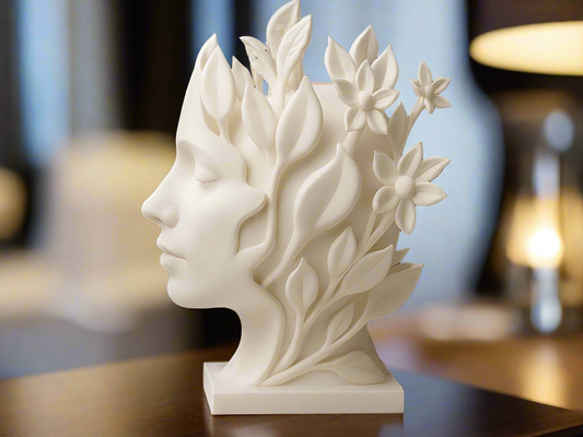 White botanical beauty bust with floral leaf crown showpiece