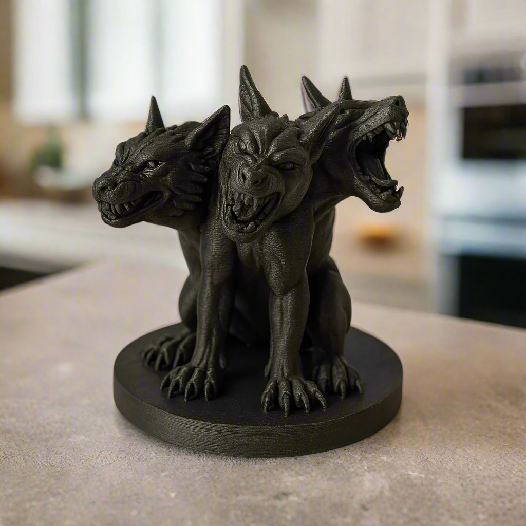 Black Three-Headed Dog Figurine: Mythical Monster Decor