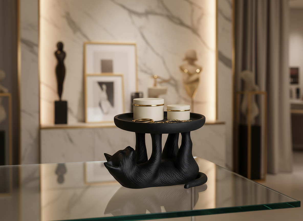 Black cat-shaped candle holder with two candles on a glass table in a stylish room.