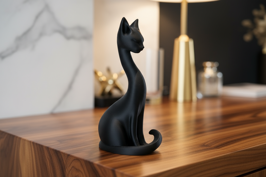 Black cat figurine on a wooden surface with a blurred background