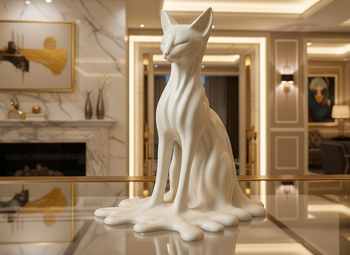 Ivory melting cat statue abstract surreal sculpture Premium-grade Polylactic Acid 16x9x17cm 350g modern art home decor figurine whimsical design artistic statement piece