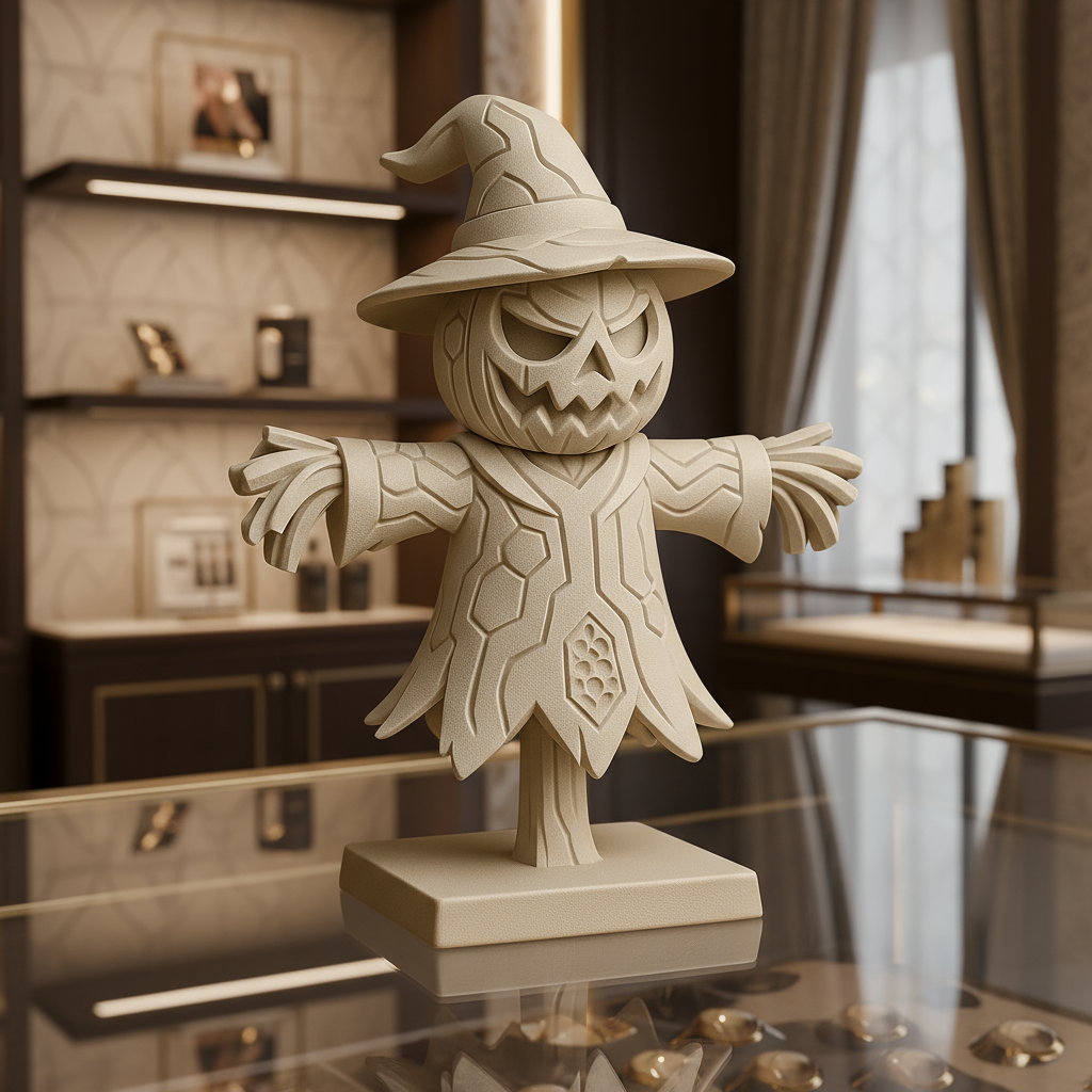 Decorative scarecrow figure with a witch hat on a reflective surface