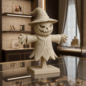 Decorative scarecrow figure with a witch hat on a reflective surface