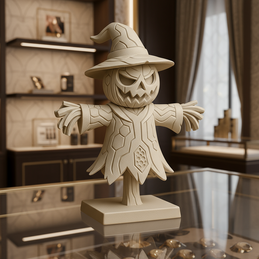 Decorative scarecrow figure with a witch hat on a reflective surface