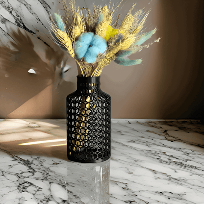 Decorative Black Honeycomb Pattern Vase, Modern Hive Design Flower Container - Celestial Crafts