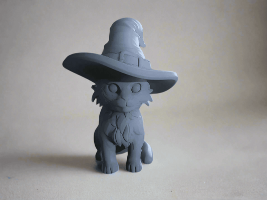 Decorative Cat Figurine with Witch Hat, Grey Kitten Statue - Celestial Crafts