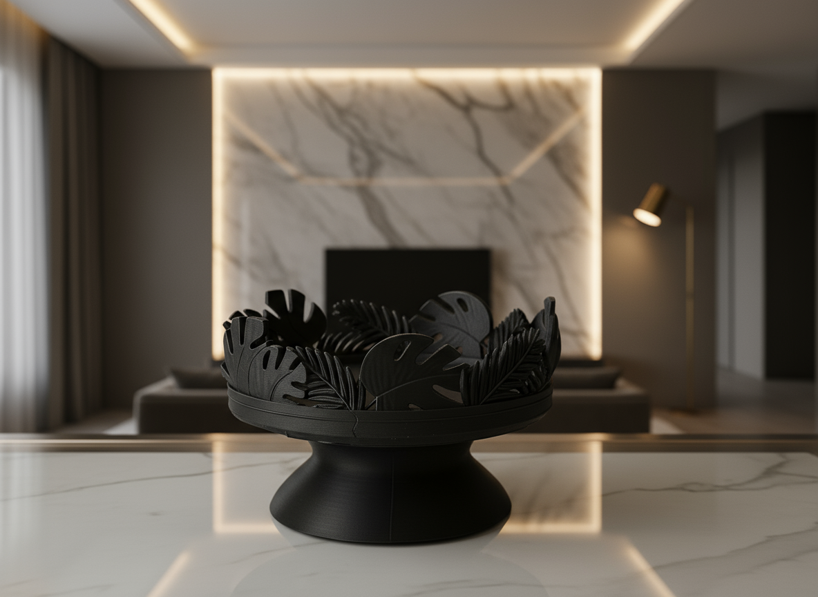 Black decorative bowl with leaf patterns on a wooden surface