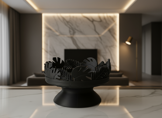 Black decorative bowl with leaf patterns on a wooden surface