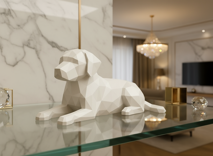 White geometric dog sculpture on a glass table in a modern living room.