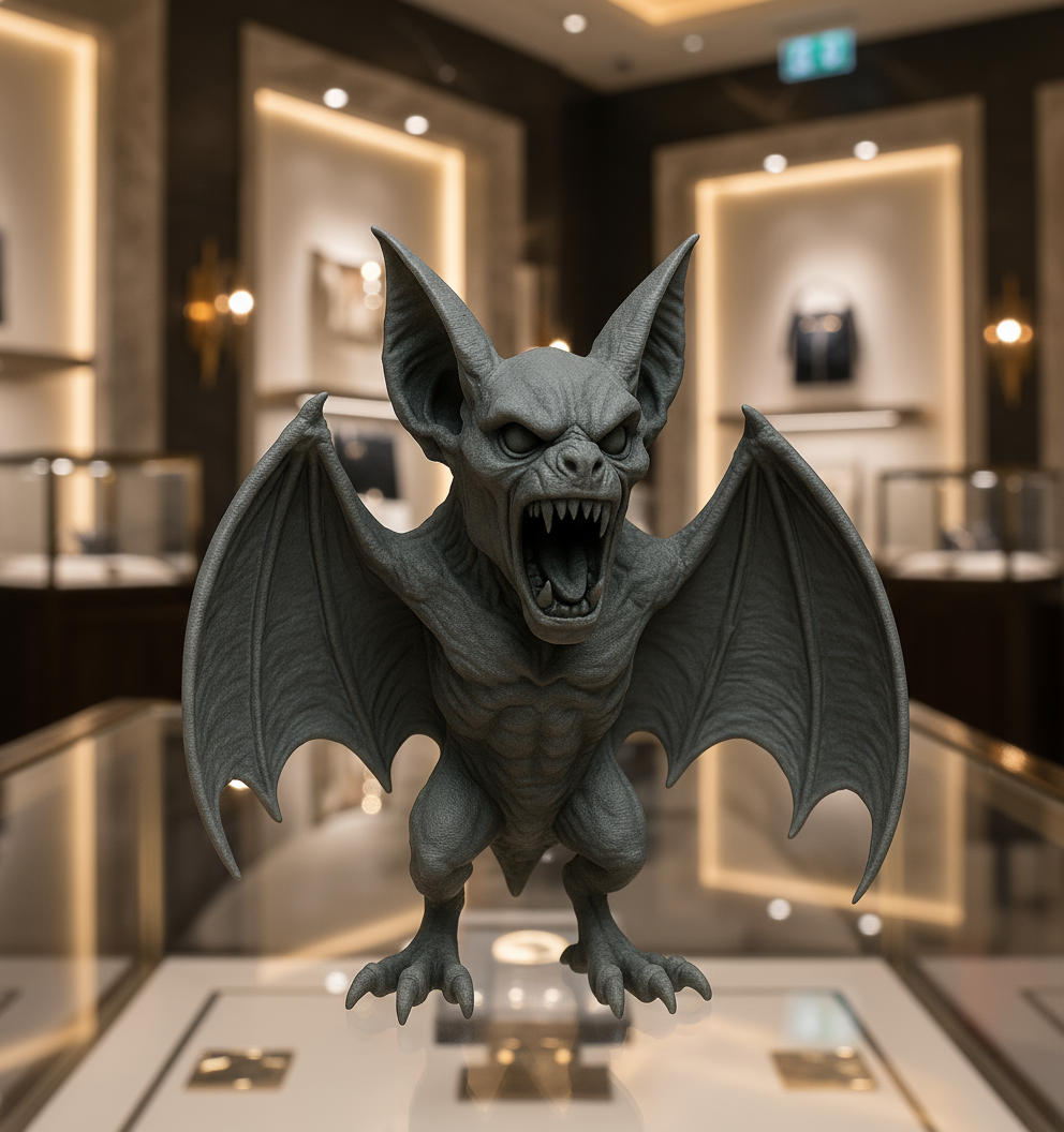 Statue of a dragon-like creature on display in a store with a blurred interior background