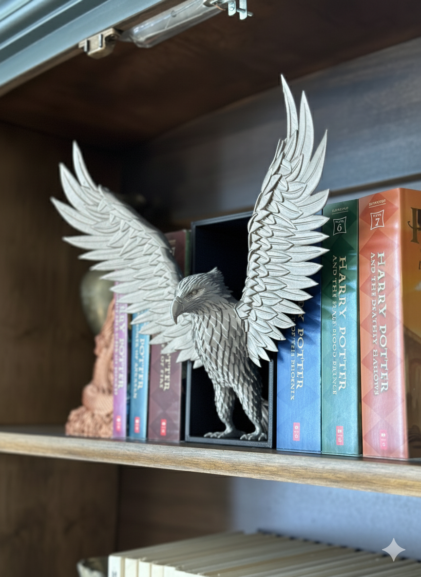 Decorative eagle bookend on a shelf with Harry Potter books