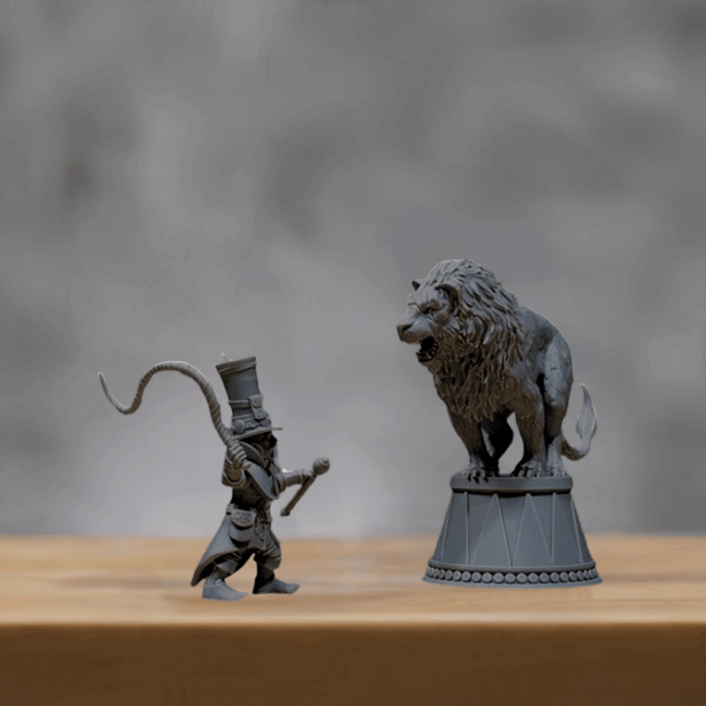 Miniature Figurine Set: Lion Tamer and Roaring Lion - Celestial Crafts