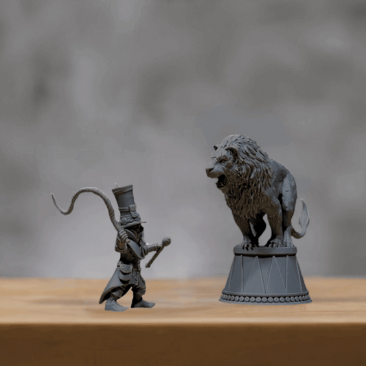 Miniature Figurine Set: Lion Tamer and Roaring Lion - Celestial Crafts