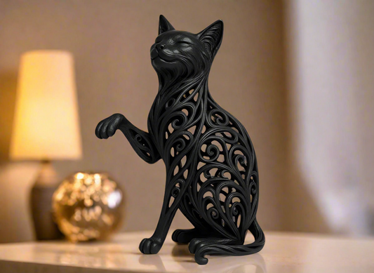 Elegant cat figurine with raised paw vastu lucky charm PLA resin minimalist art