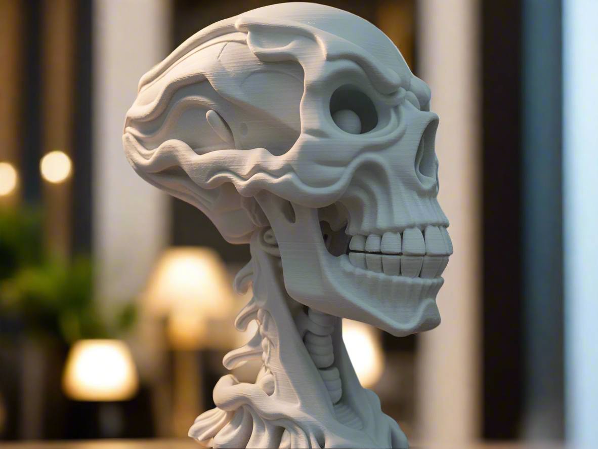 White ethereal skull sculpture anatomical art with bokeh background