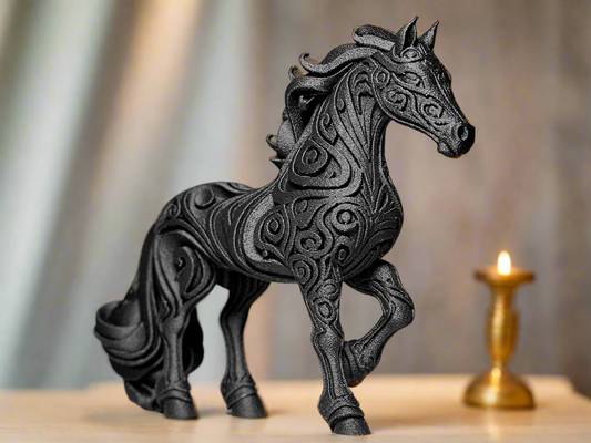 Black fuzzy horse sculpture - elegant PLA resin figurine for Indian homes with decorative craftsmanship