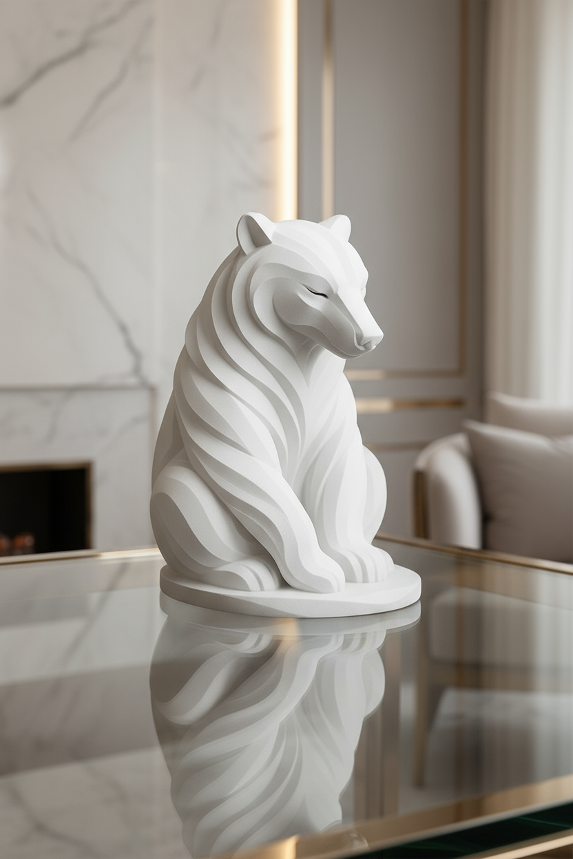 White geometric bear figurine with modern minimalist design displayed on reflective marble surface - artistic showpiece