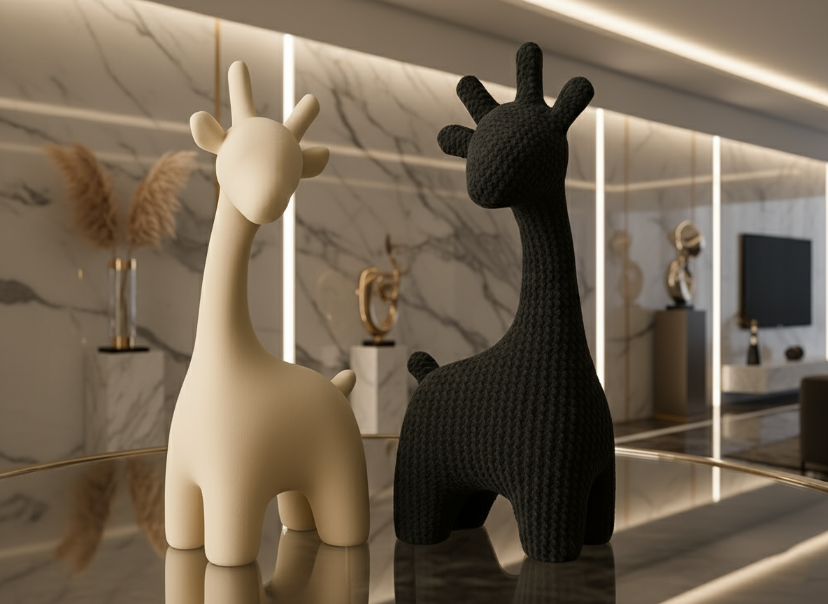 Two giraffe-shaped decor items, one beige and one black, on a reflective surface with a modern interior background.