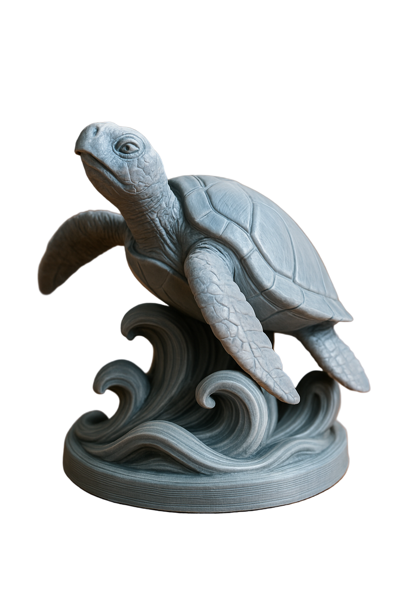 Gray sea turtle statue with spiritual wave base - collectible resin art piece for meditation and home decor