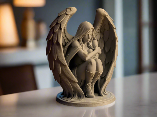 Hooded Guardian Angel Statue with gracefully curved wings and serene expression, PLA resin spiritual figurine for home altar decoration