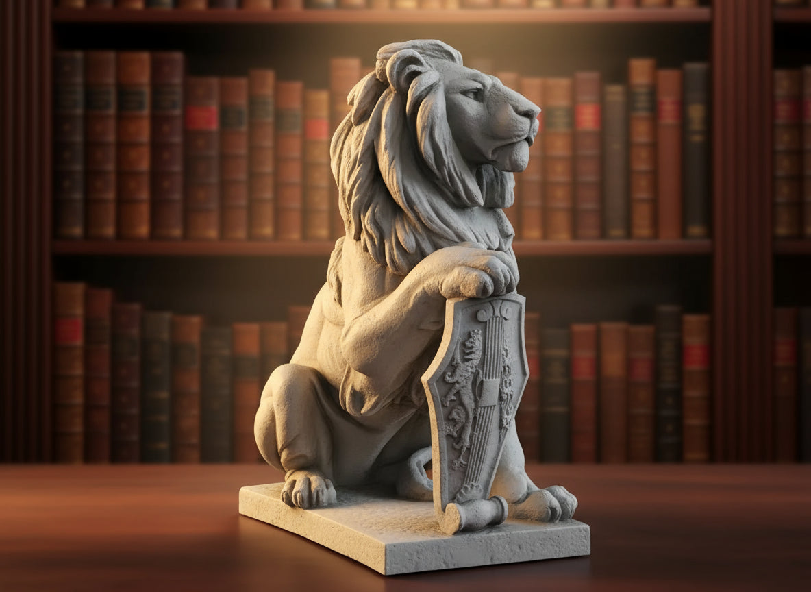Stone lion statue with a shield on a light blue background