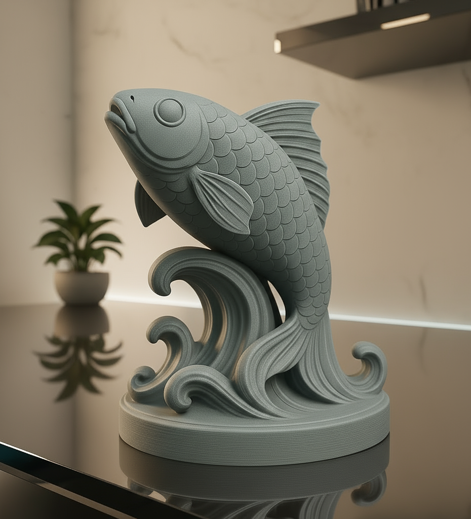 Grey koi fish statue with flowing wave base feng shui good luck symbol artistic showpiece