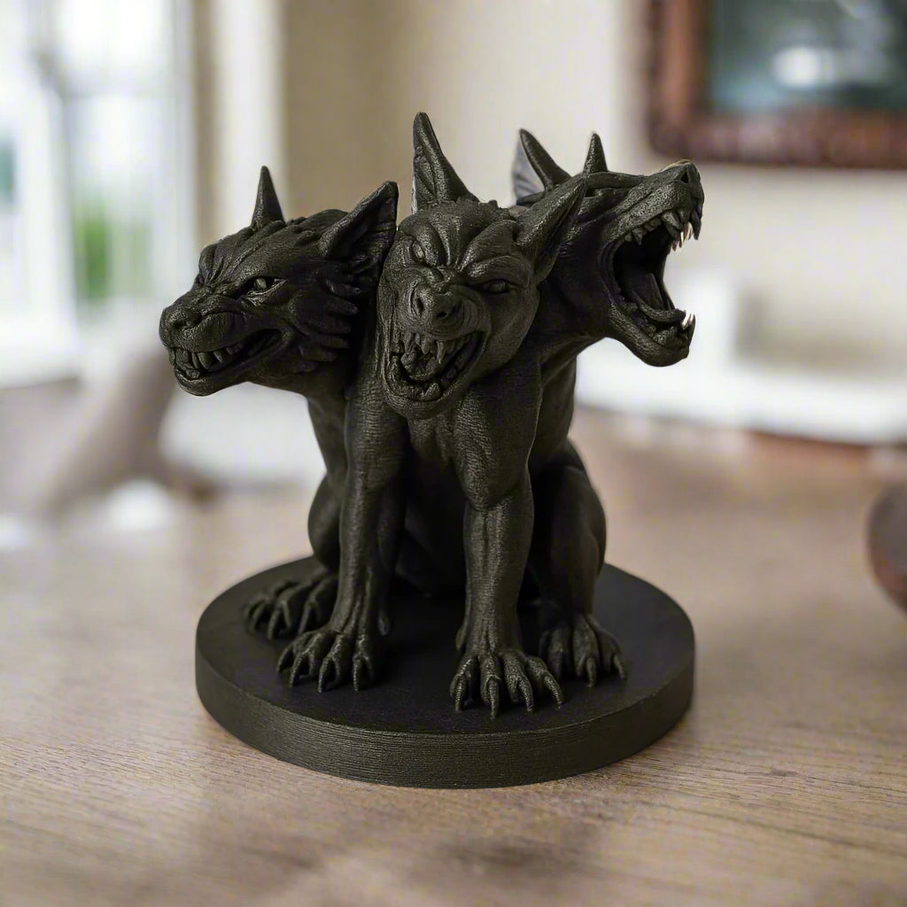 Black Three-Headed Dog Figurine: Mythical Monster Decor