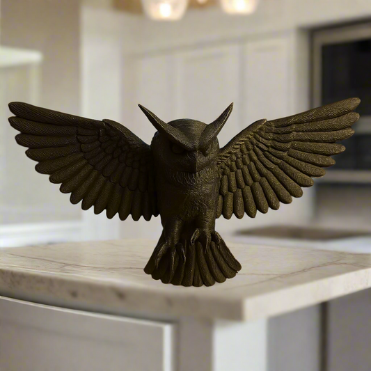 Black Owl Figurine Displaying Wings: Bird Theme Decor