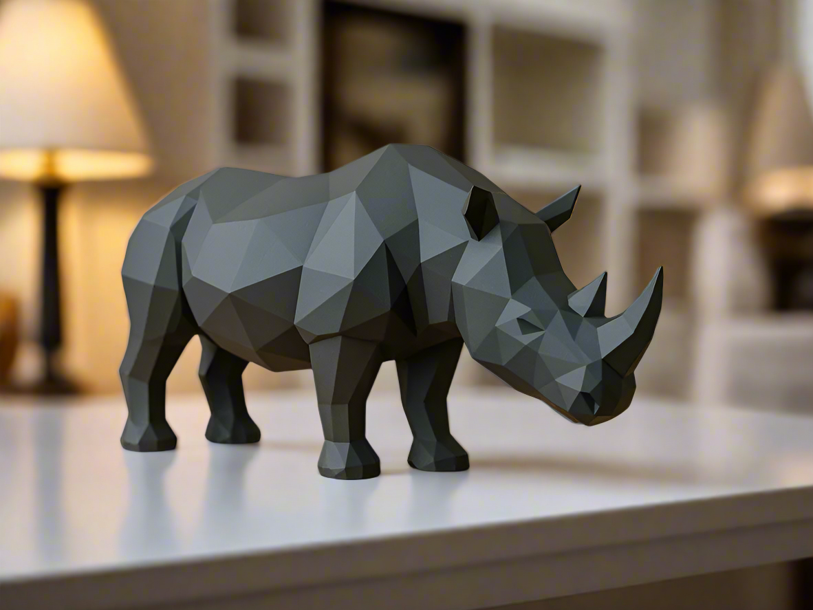 Black low-poly geometric rhinoceros figurine minimalist modern sculpture showpiece
