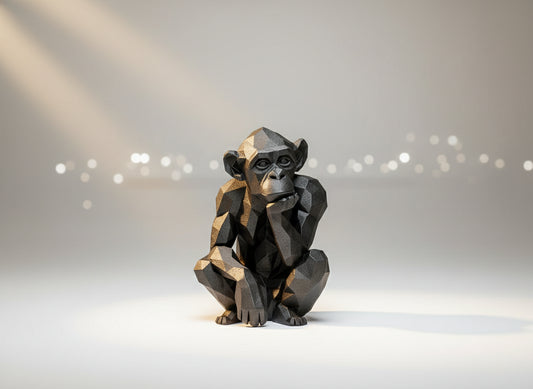 Black geometric monkey figurine with modern minimalist design on marble background - premium polylactic acid sculpture for contemporary home decor