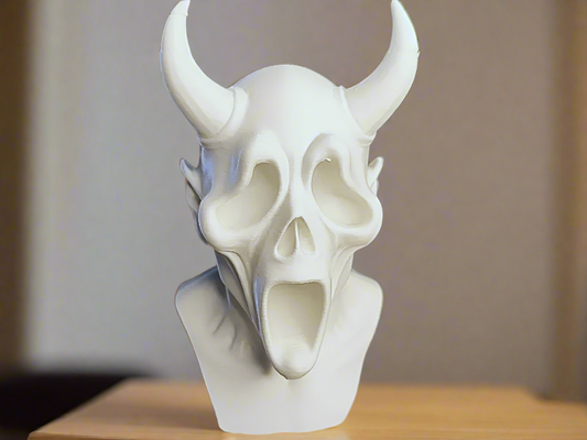 White Oni mask bust sculpture with horns Japanese mythology demon showpiece