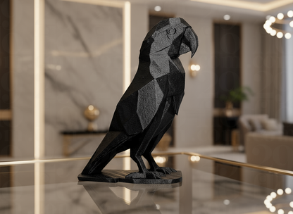 Black geometric parrot sculpture on a beige background