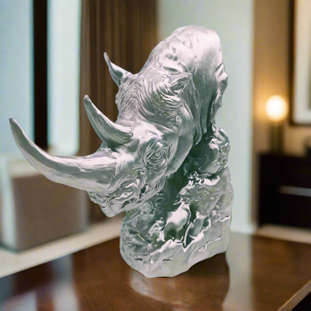 Rhinoceros Head Bust - Silver Wildlife Sculpture with Bold Artistic Details