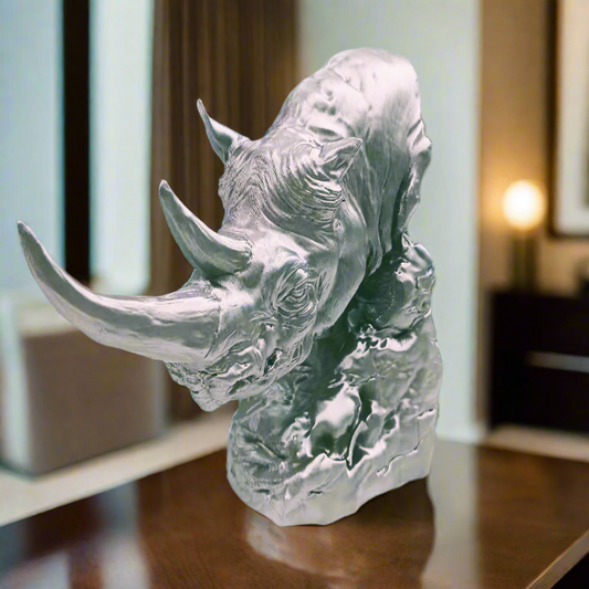Rhinoceros Head Bust - Silver Wildlife Sculpture with Bold Artistic Details