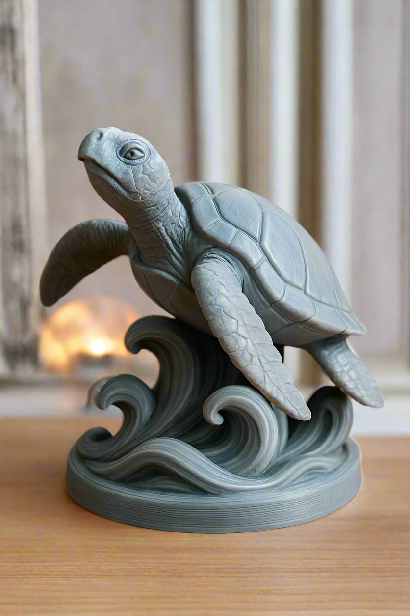 Serene sea turtle sculpture - elegant gray resin figurine with wavy base for Indian homes and meditation spaces