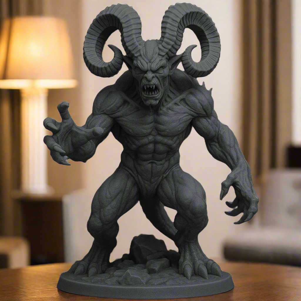 Serpent Horned Demon Statue in black PLA resin with intricate muscular detailing and large curved horns