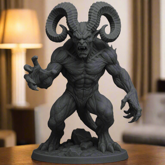 Serpent Horned Demon Statue in black PLA resin with intricate muscular detailing and large curved horns