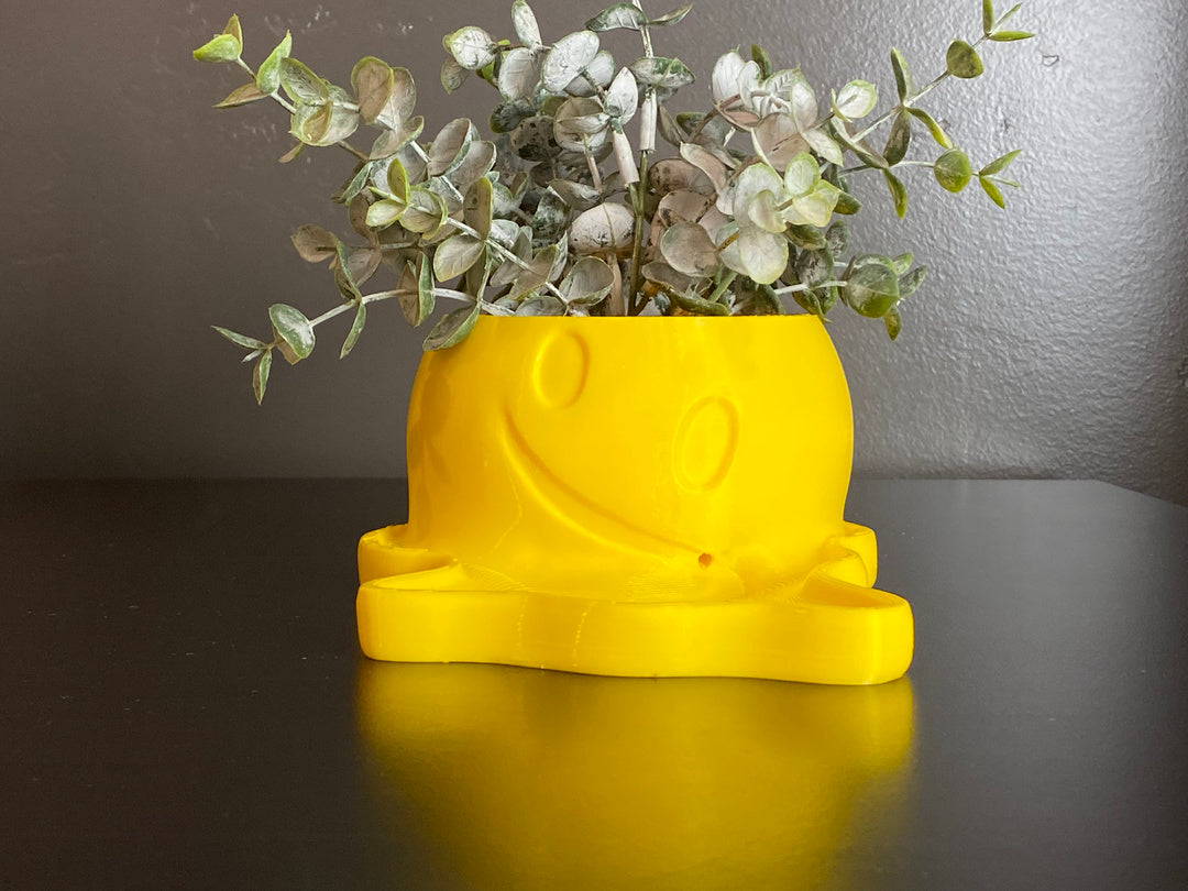 Yellow smiley face planter with a plant on a dark surface